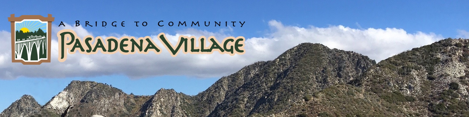 Header image for Pasadena Village showing nearby mountains and the logo of the Pasadena Village
